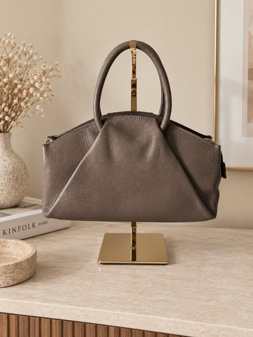 Taupe Italian Leather Handbag, Structured Top Handle Bag, Doctor Style Purse
